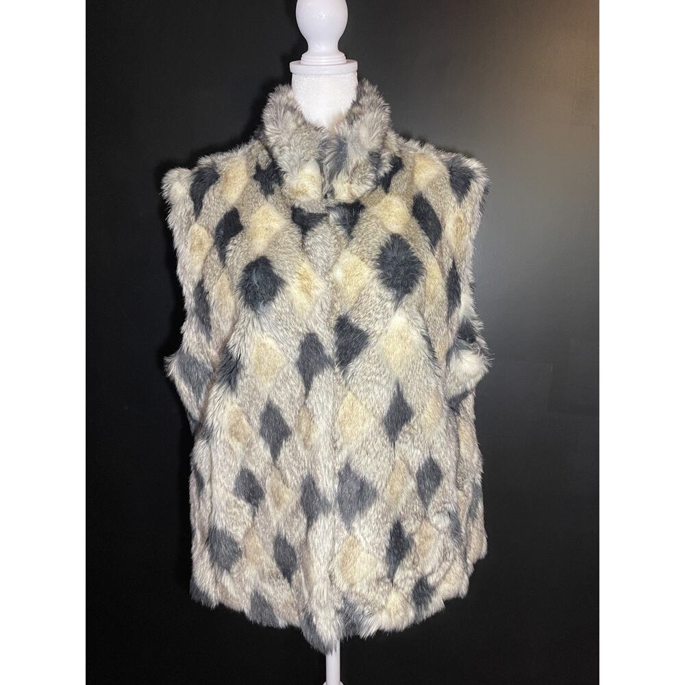 Pamela McCoy Vest Faux Fur Checkered Beige Black Gray Boho Pockets Woman's L